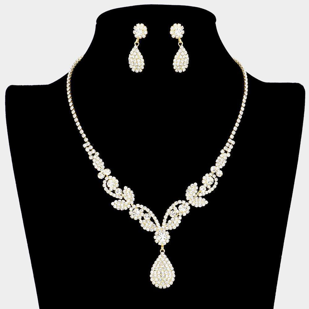 Gold Teardrop Stone Pendant Pointed Vine Necklace Rhinestone Paved - Jewelry Store by Erik Rayo