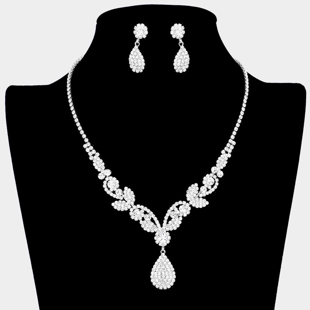 Silver Teardrop Stone Pendant Pointed Vine Necklace Rhinestone Paved