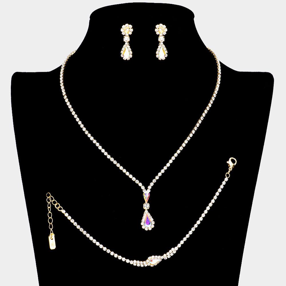 Gold Teardrop Necklace Jewelry Set Rhinestone Paved