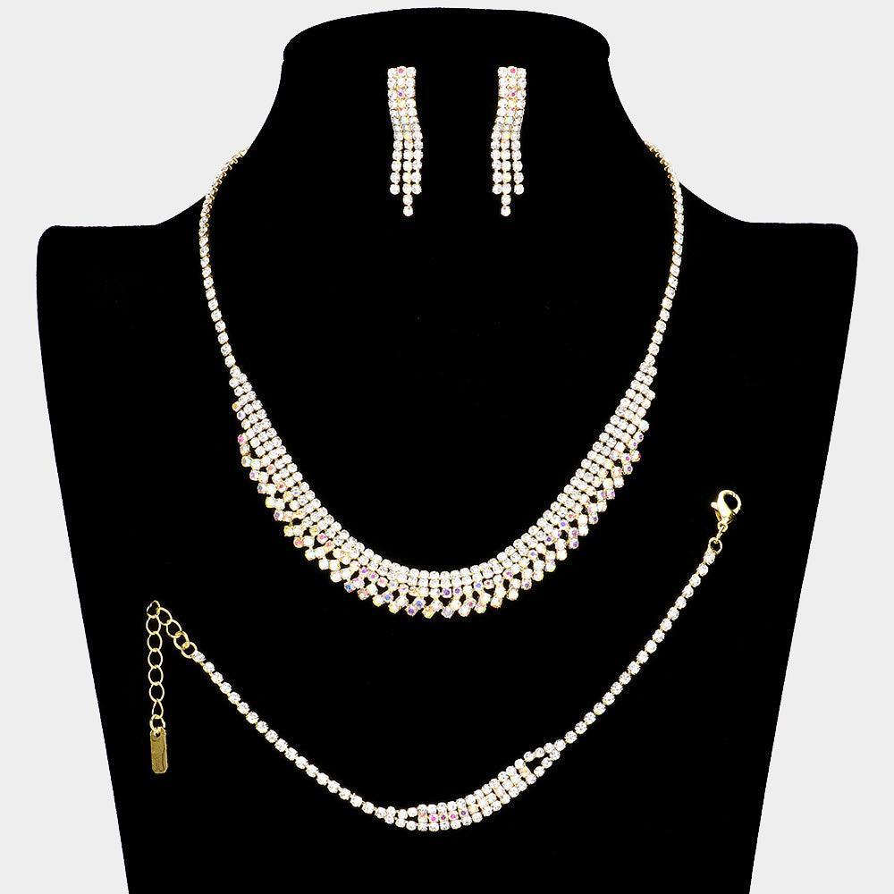 Gold Necklace Jewelry Set Rhinestone Paved