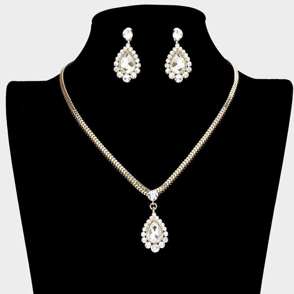 Gold Teardrop Stone Accented Rhinestone Necklace - Jewelry Store by Erik Rayo