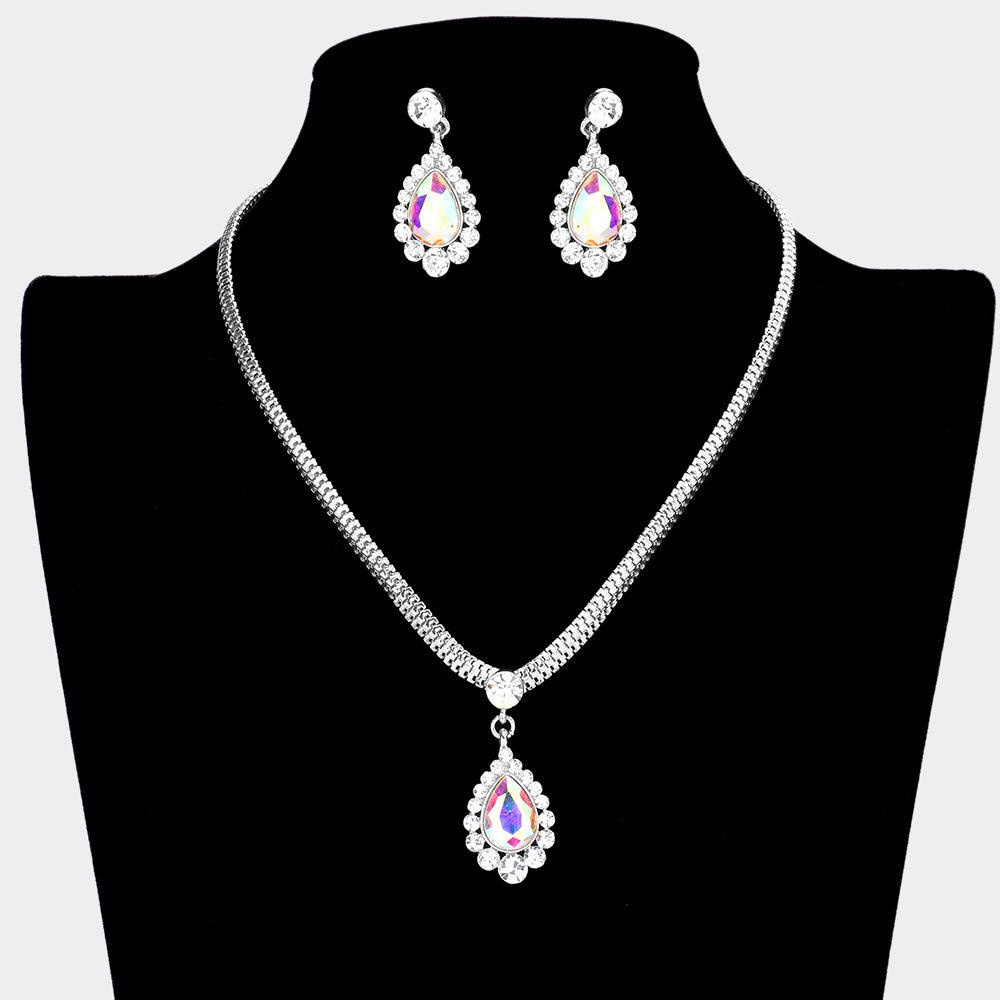 Silver Teardrop Stone Accented Rhinestone Necklace