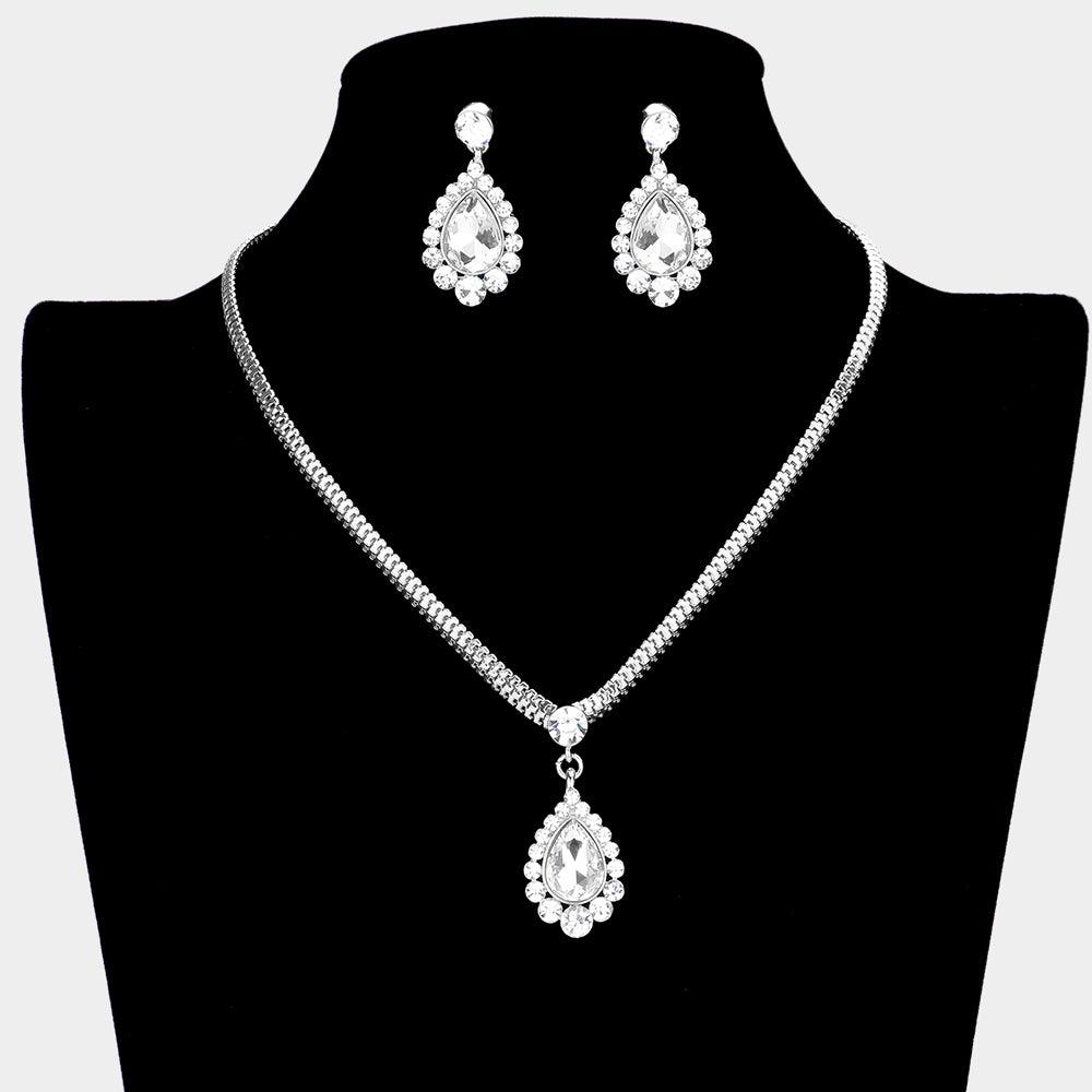 Silver Teardrop Stone Accented Rhinestone Necklace