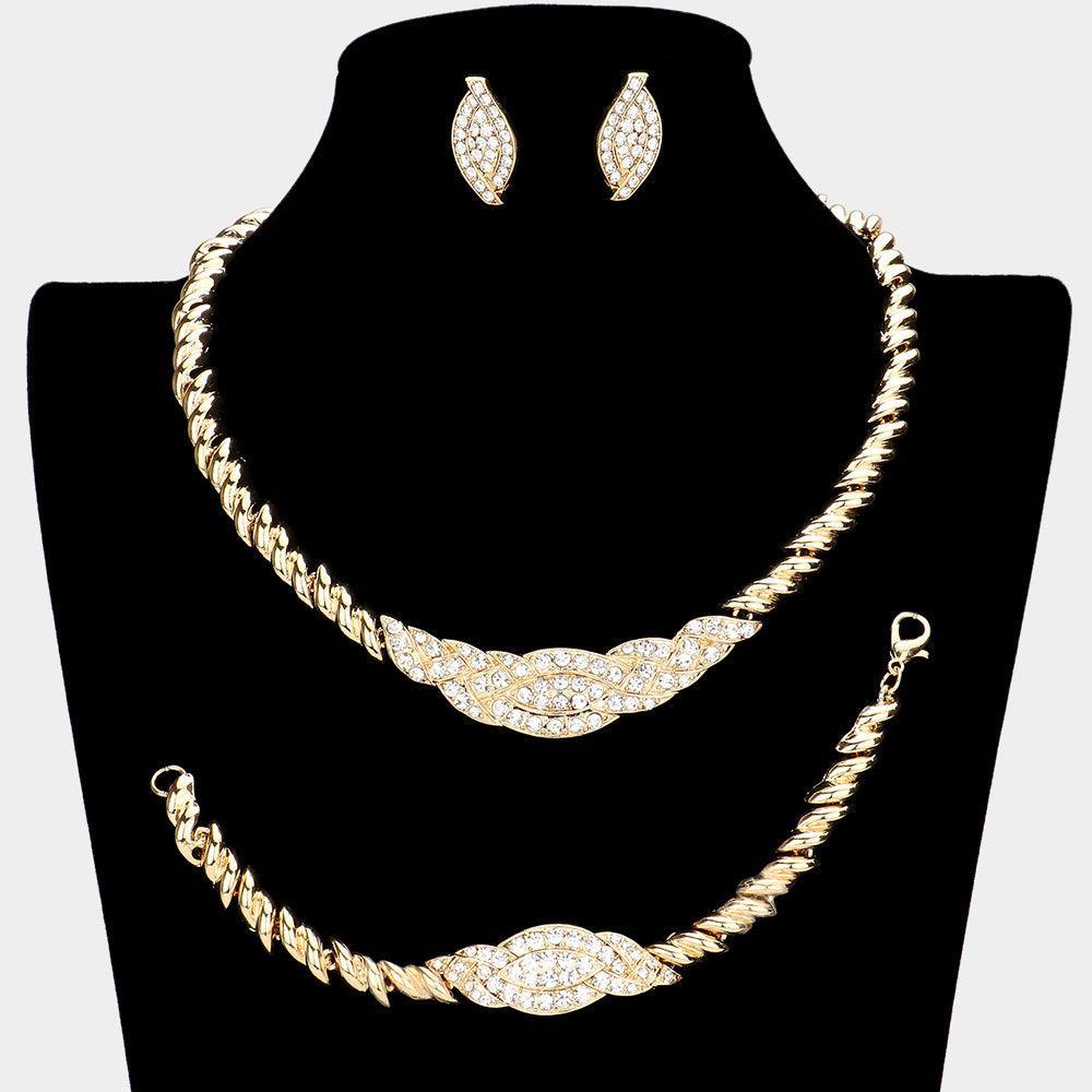 Gold 3 Piece Twisted Metal Rhinestone Necklace Jewelry Set