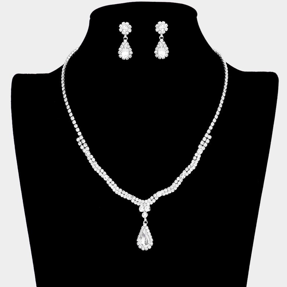 Silver Teardrop Accented Rhinestone Necklace