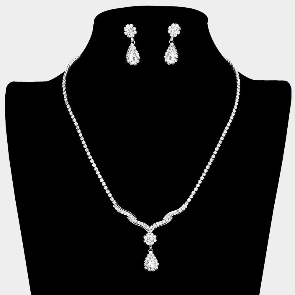 Silver Teardrop Stone Accented Rhinestone Necklace