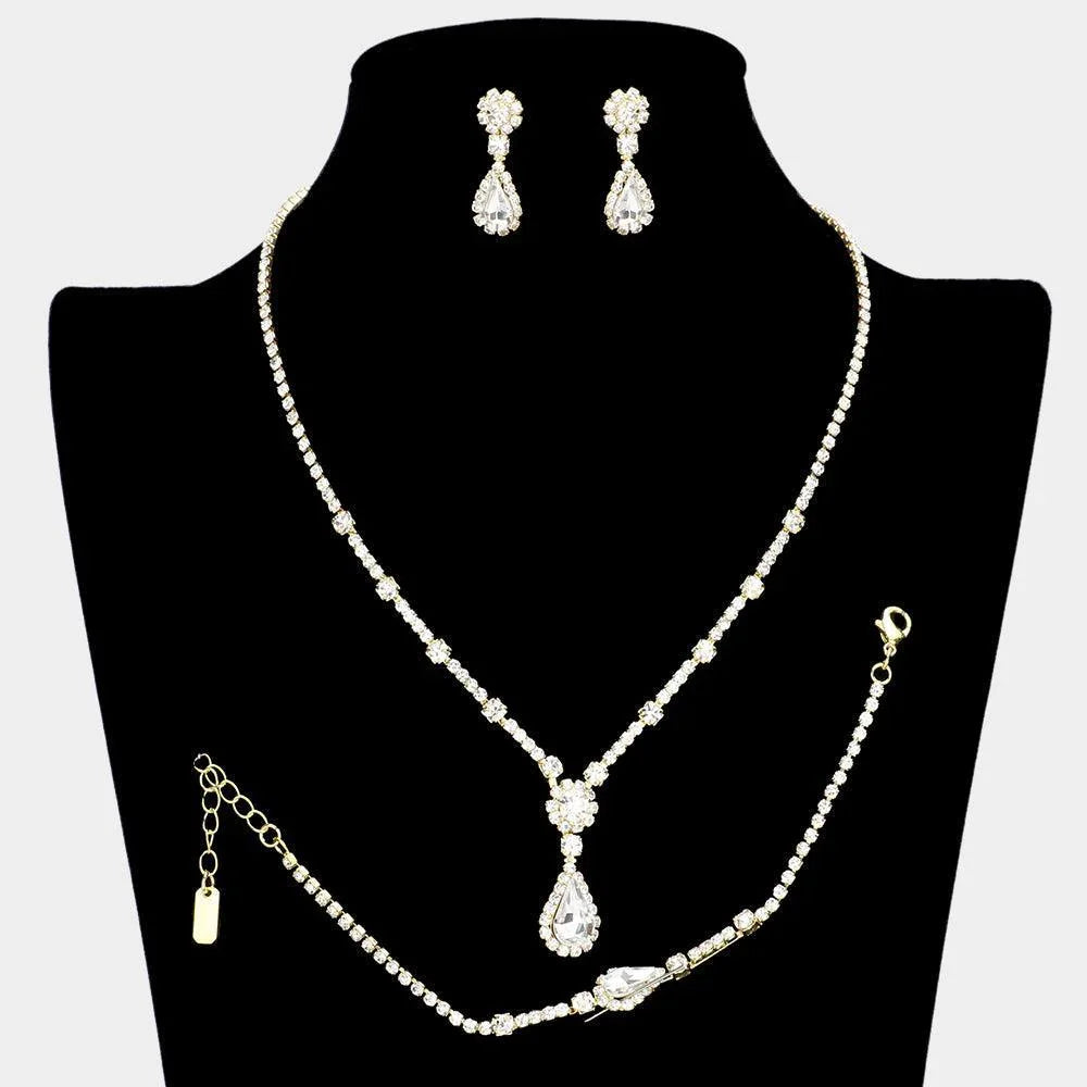 Gold 3 Piece Teardrop Stone Accented Rhinestone Necklace Jewelry Set - Jewelry Store by Erik Rayo