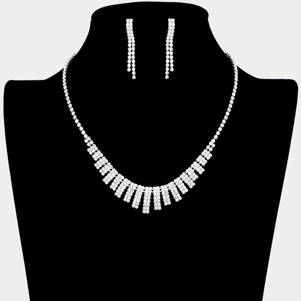 Silver Rectangle Cluster Necklace Rhinestone Paved