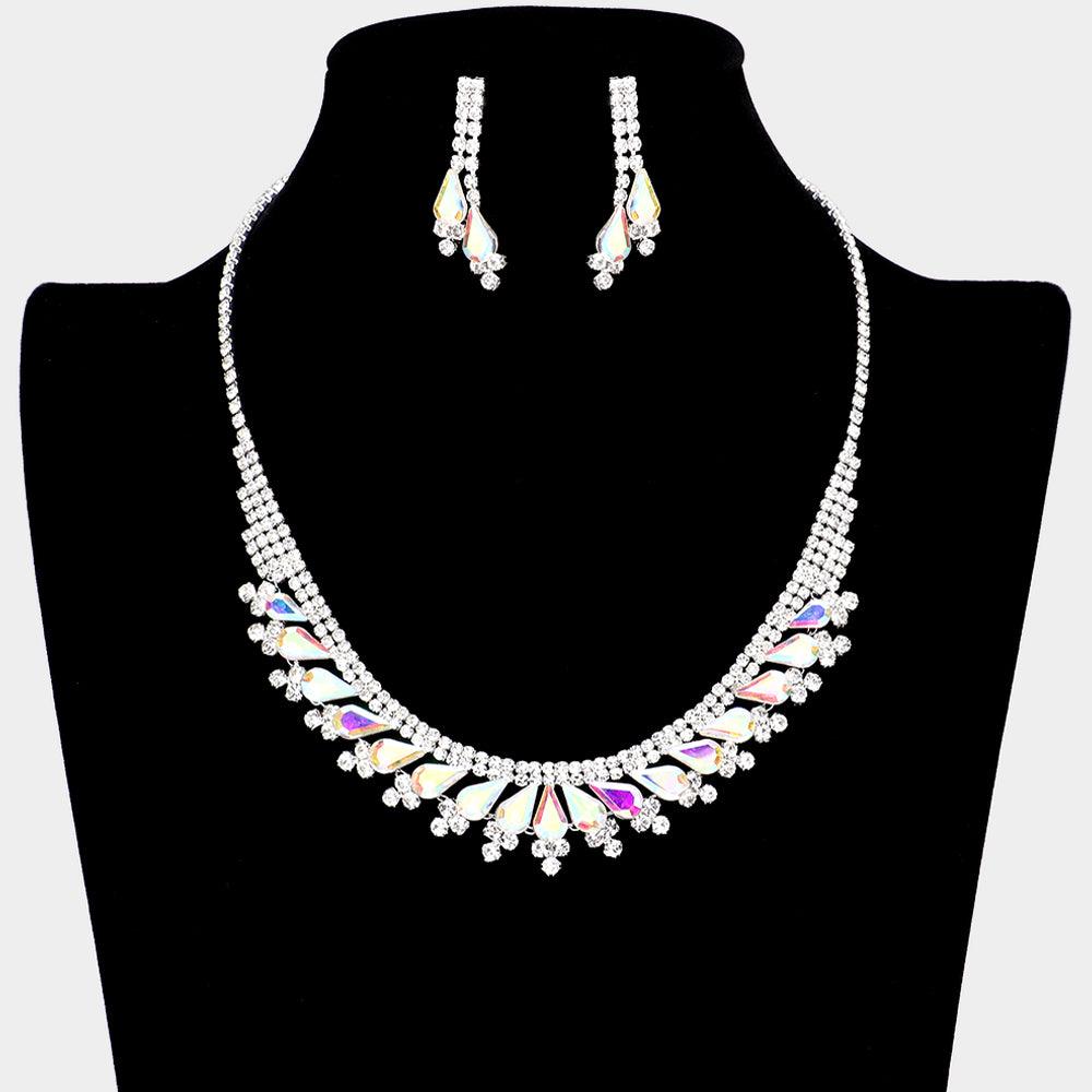 Silver Teardrop Stone Accented Rhinestone Necklace