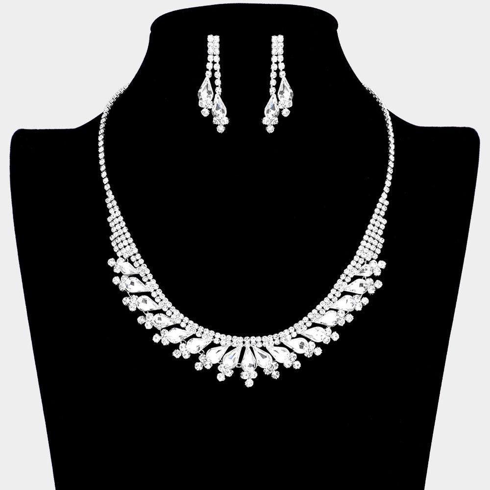 Silver Teardrop Stone Accented Rhinestone Necklace