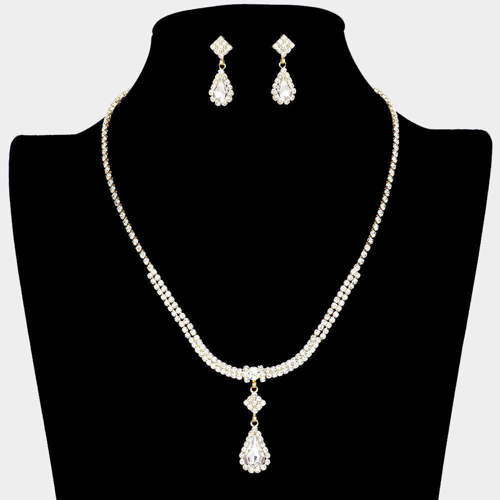 Gold Teardrop Stone Accented Rhinestone Necklace - Jewelry Store by Erik Rayo