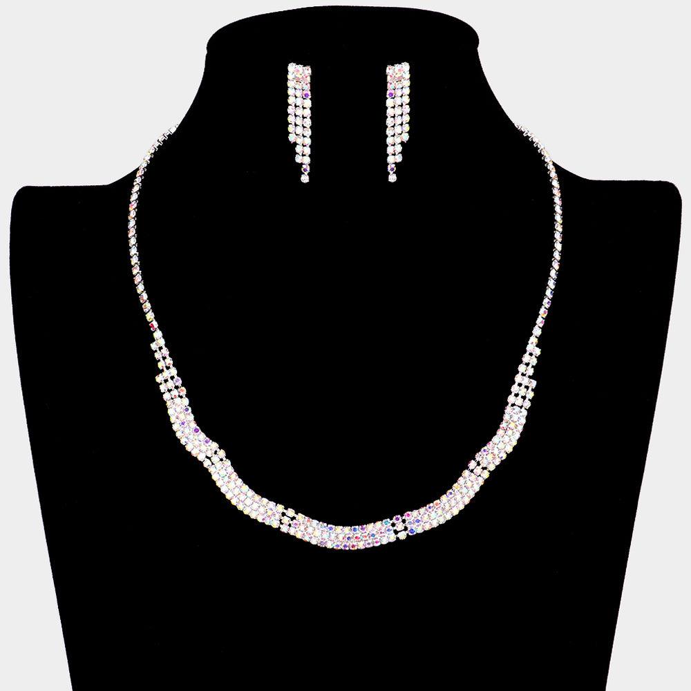 Silver Wavy Necklace Rhinestone Paved