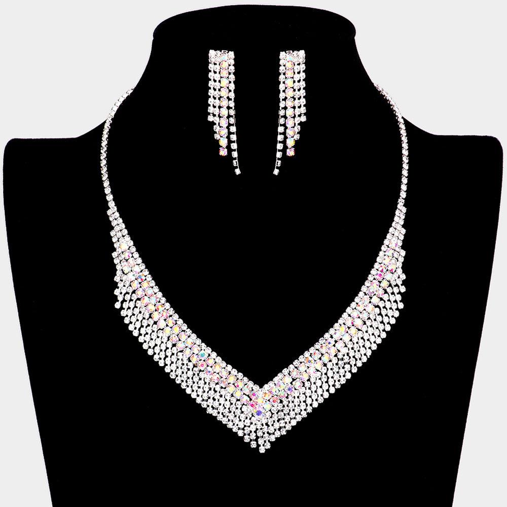 Silver V Shaped Rhinestone Necklace