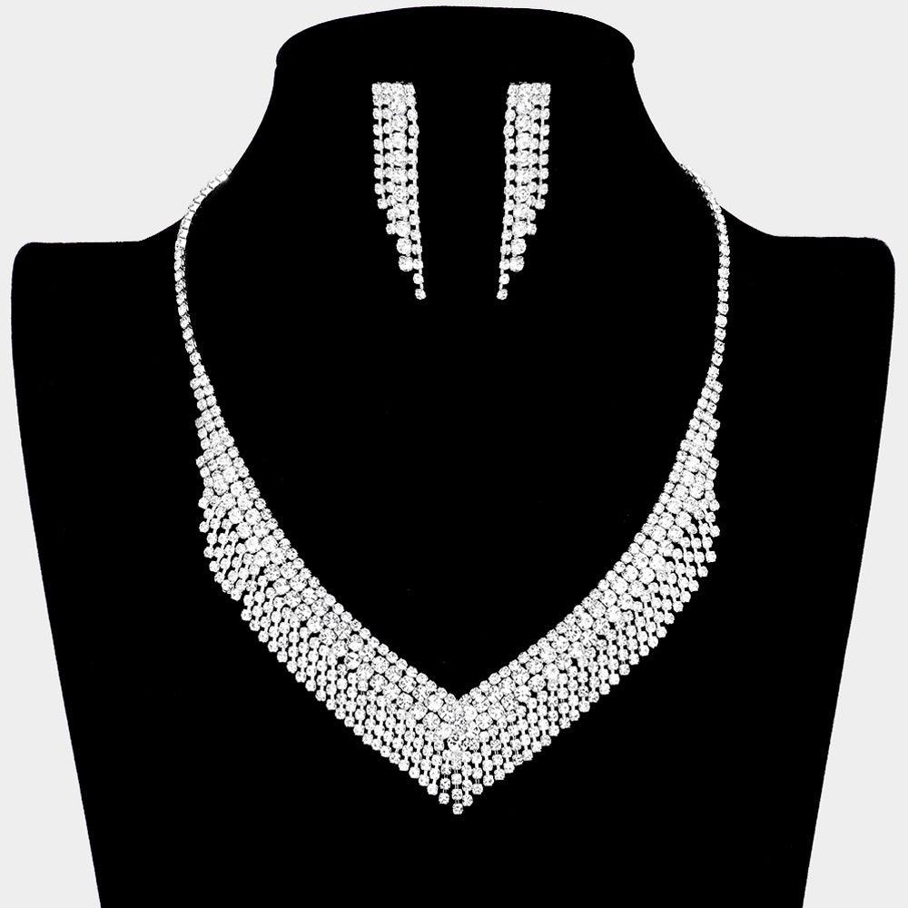 Silver V Shaped Rhinestone Necklace