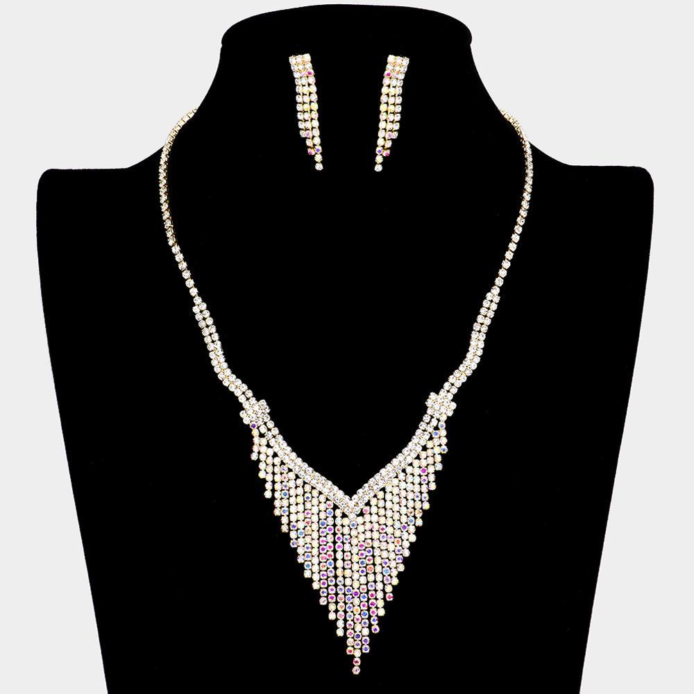 Gold Rhinestone Fringe Necklace