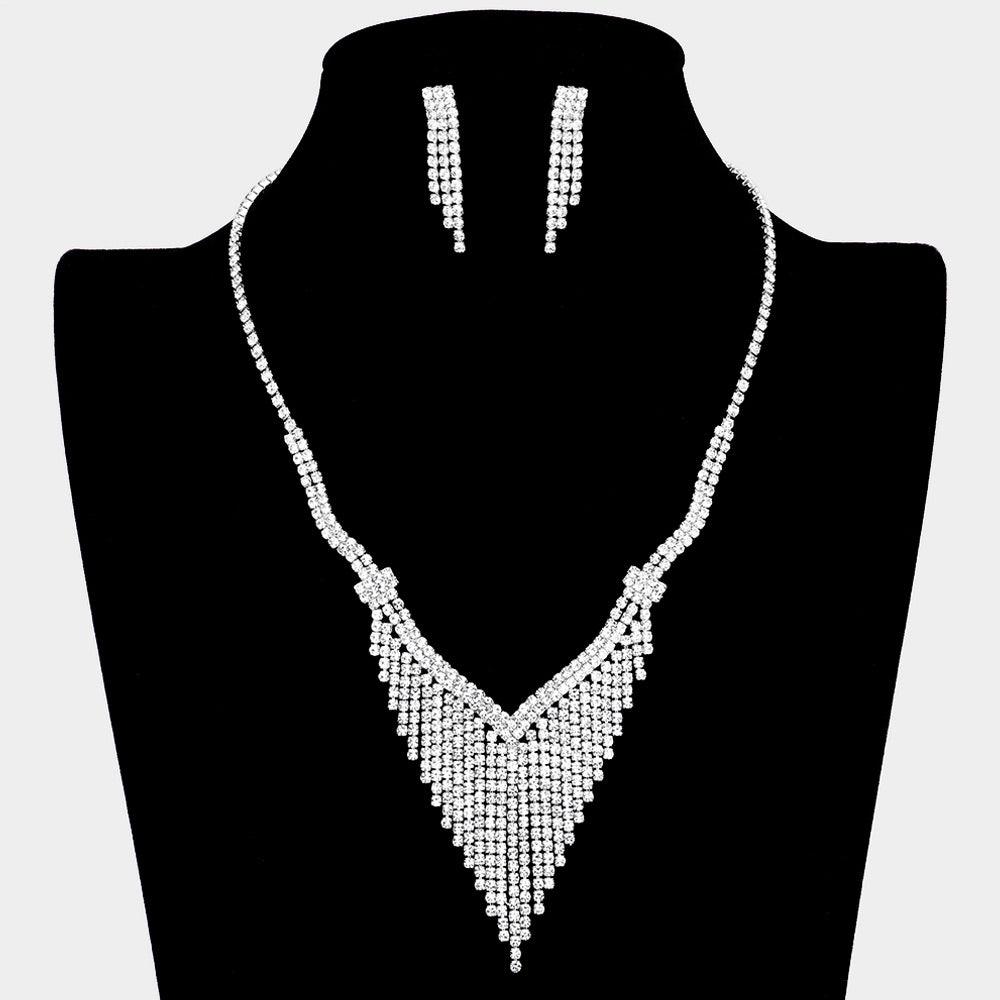 Silver Rhinestone Fringe Necklace