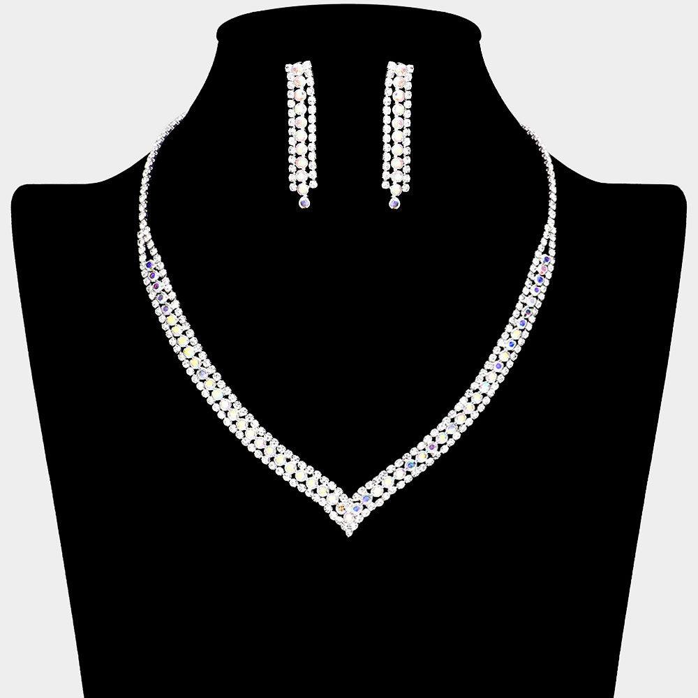 Silver V Shaped Necklace Rhinestone Paved