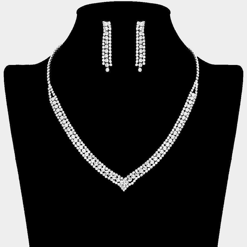 Silver V Shaped Necklace Rhinestone Paved