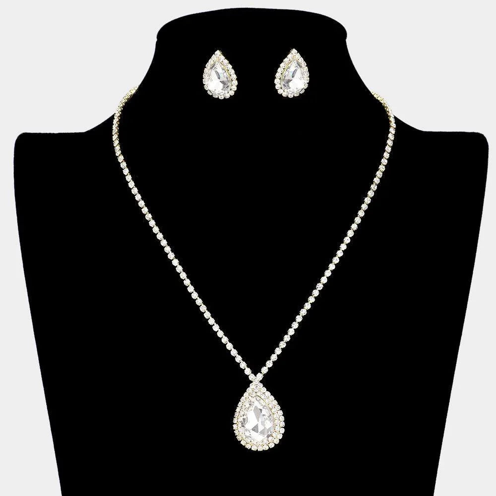 Gold Teardrop Stone Accented Rhinestone Necklace - Jewelry Store by Erik Rayo