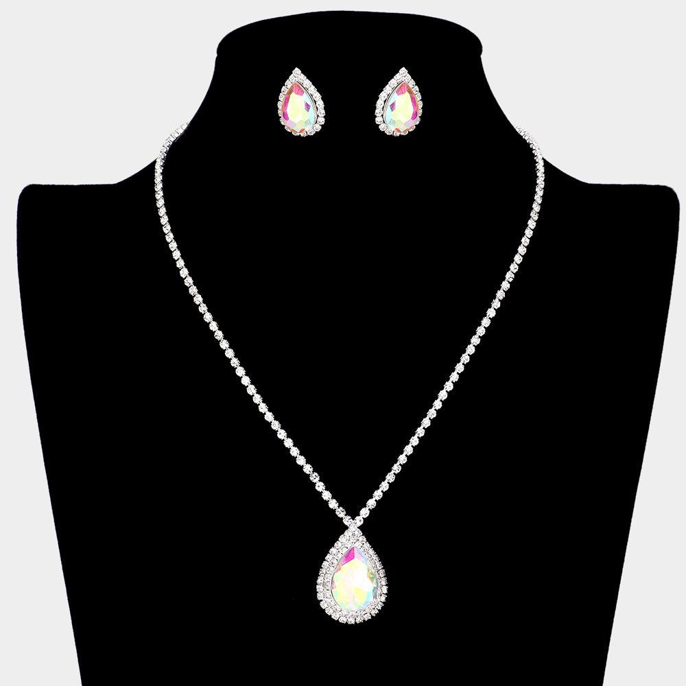 Silver Teardrop Stone Accented Rhinestone Necklace