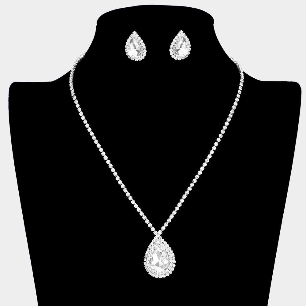 Silver Teardrop Stone Accented Rhinestone Necklace