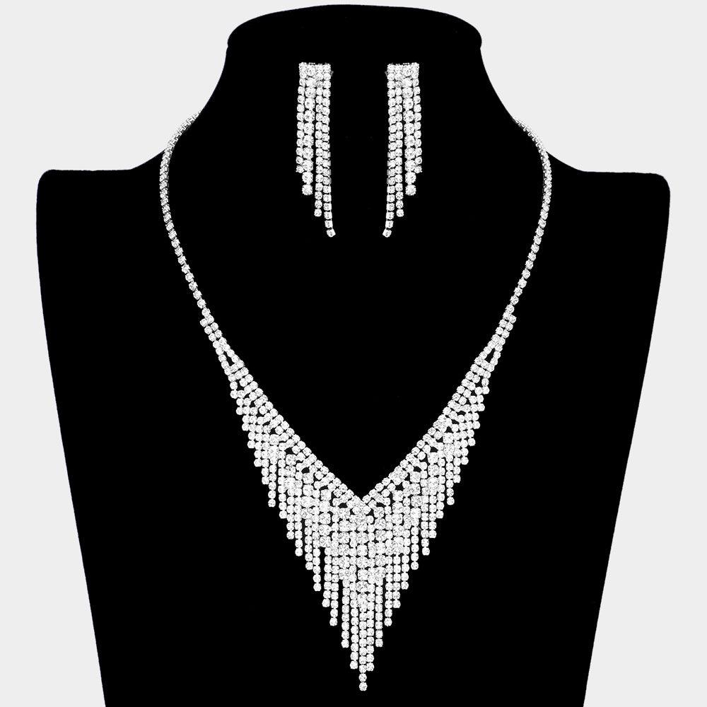 Silver Rhinestone Fringe Necklace