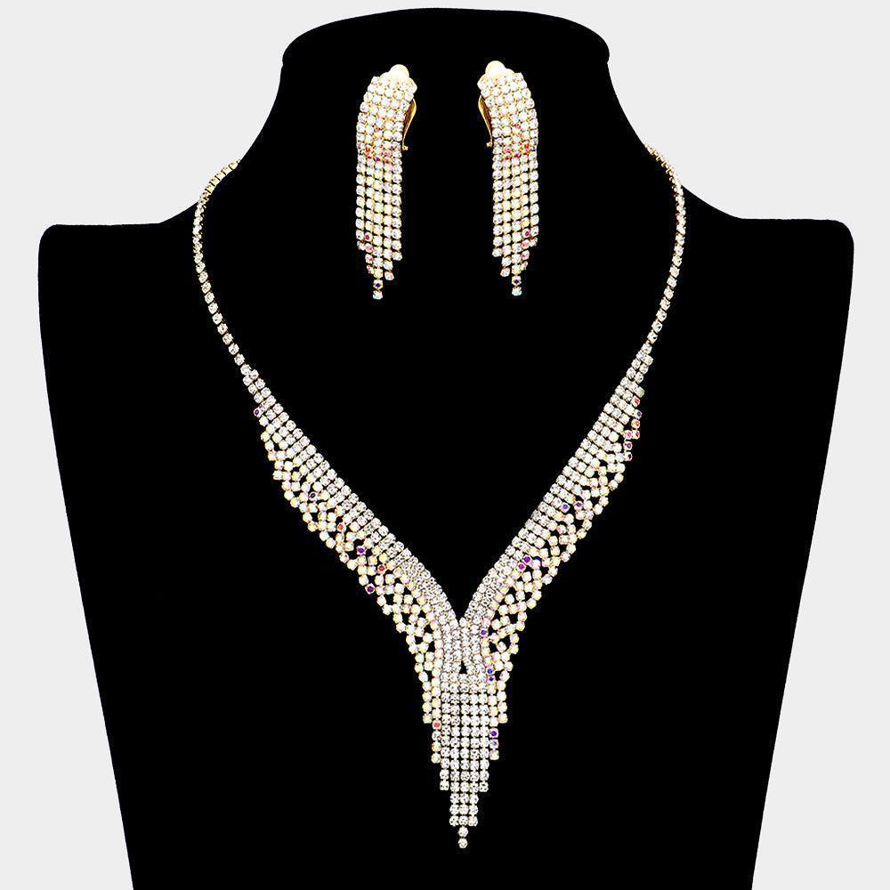 Gold Necklace Clip on Earring Set Rhinestone Paved - Jewelry Store by Erik Rayo