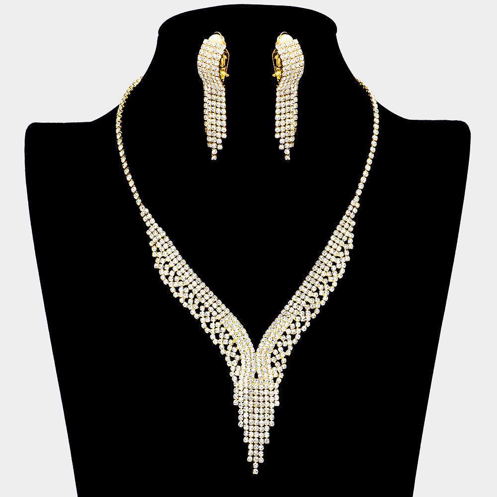 Gold Necklace Clip on Earring Set Rhinestone Paved - Jewelry Store by Erik Rayo
