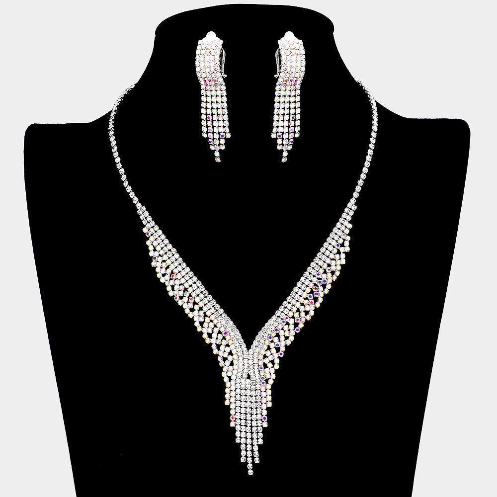 Silver Necklace Clip on Earring Set Rhinestone Paved - Jewelry Store by Erik Rayo