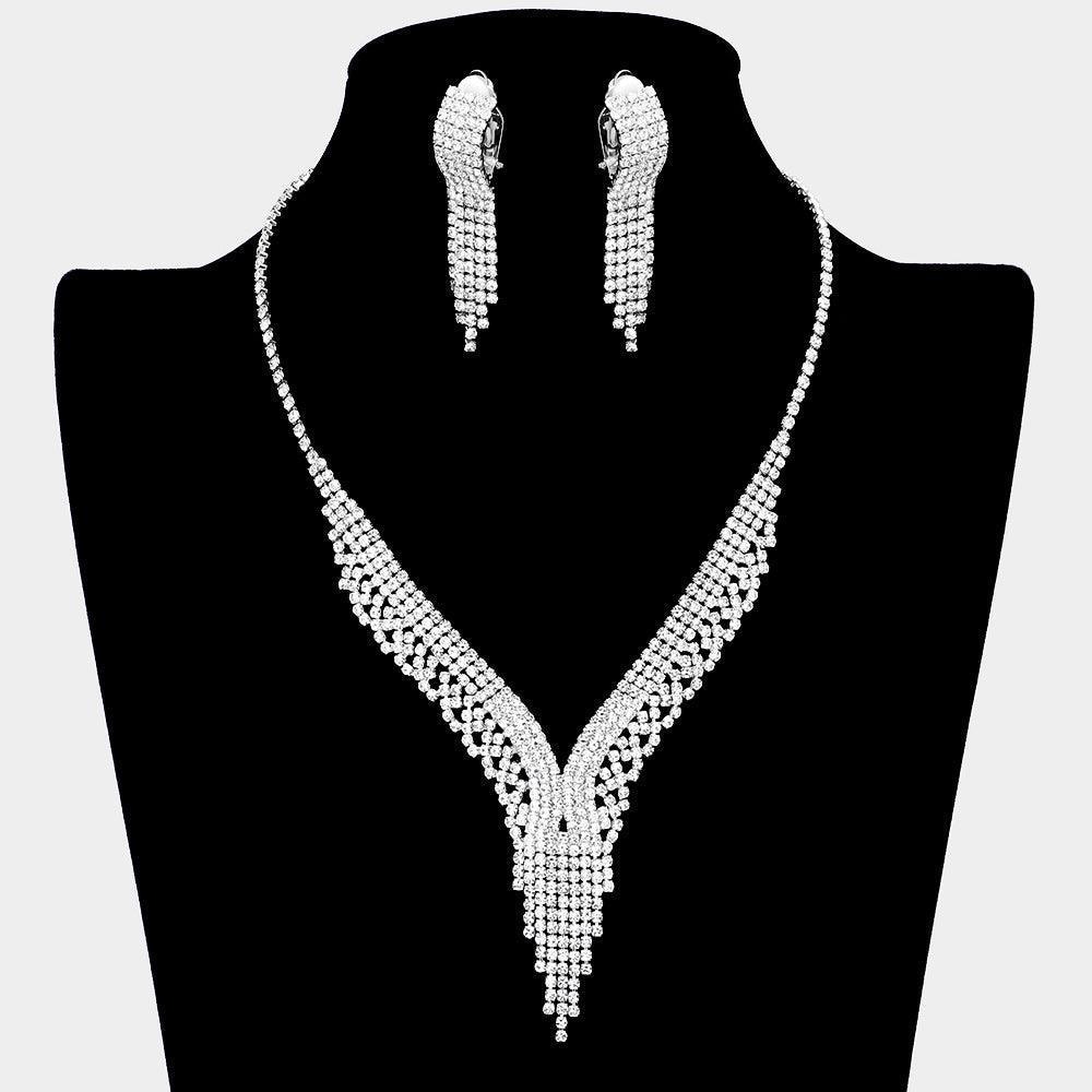 Silver Necklace Clip on Earring Set Rhinestone Paved - Jewelry Store by Erik Rayo