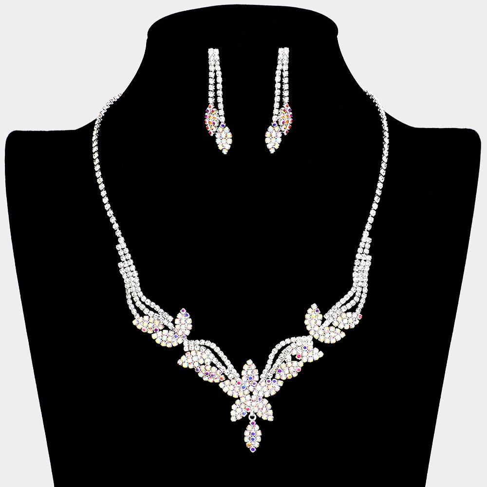 Silver Flower Necklace Rhinestone Paved