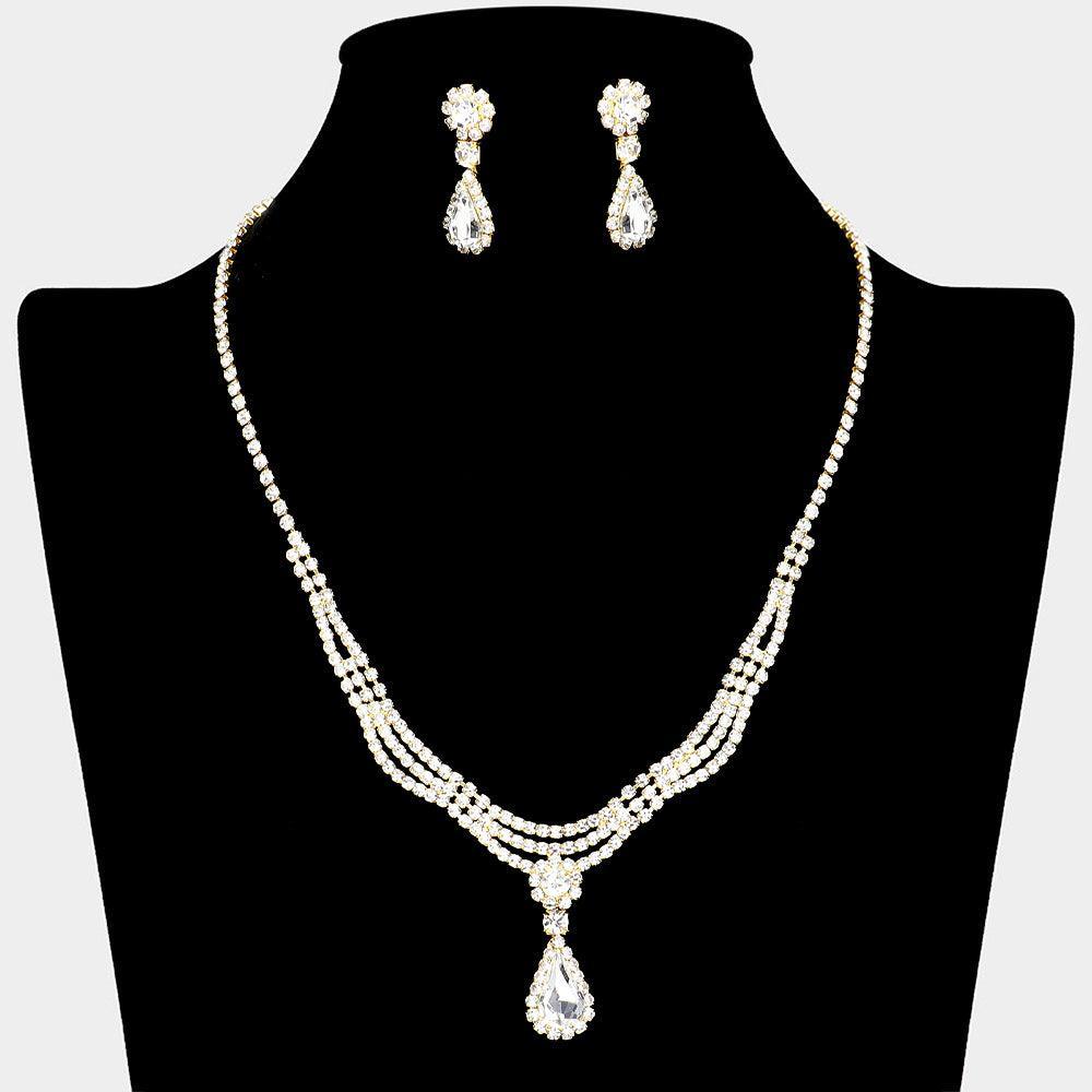 Gold Teardrop Stone Necklace Rhinestone Paved
