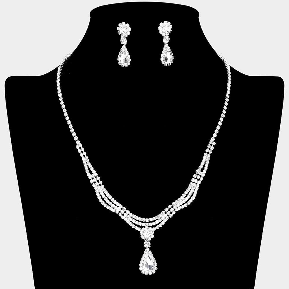 Silver Teardrop Stone Necklace Rhinestone Paved