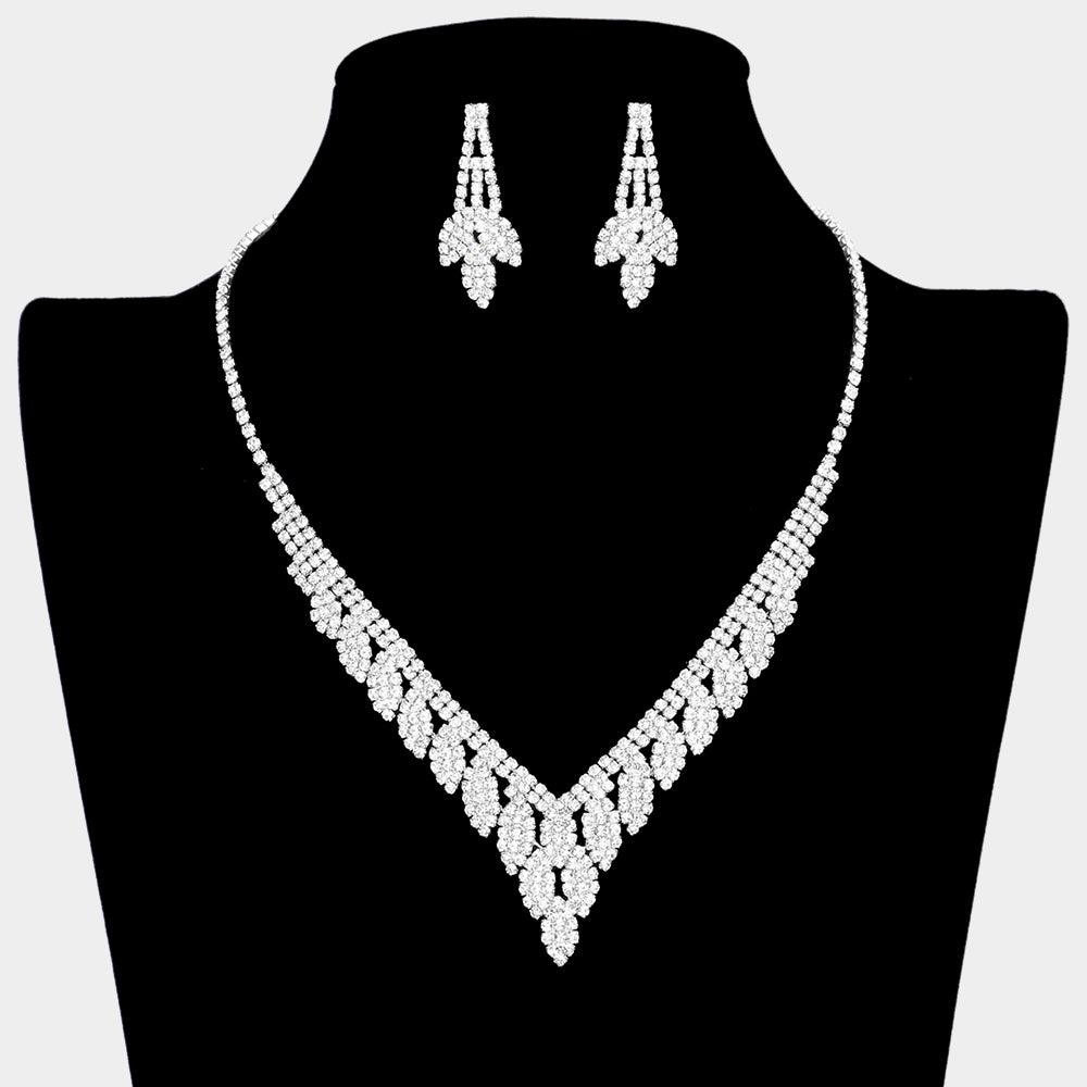 Silver Marquise Cluster Necklace Rhinestone Paved