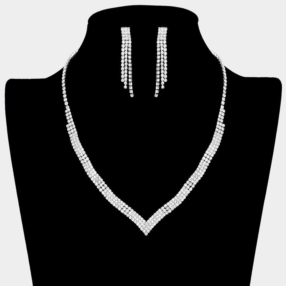 Silver V Shaped Necklace Rhinestone Paved