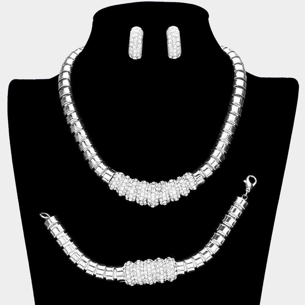 Silver 3 Piece Rhinestone Embellished Necklace Jewelry Set - Jewelry Store by Erik Rayo
