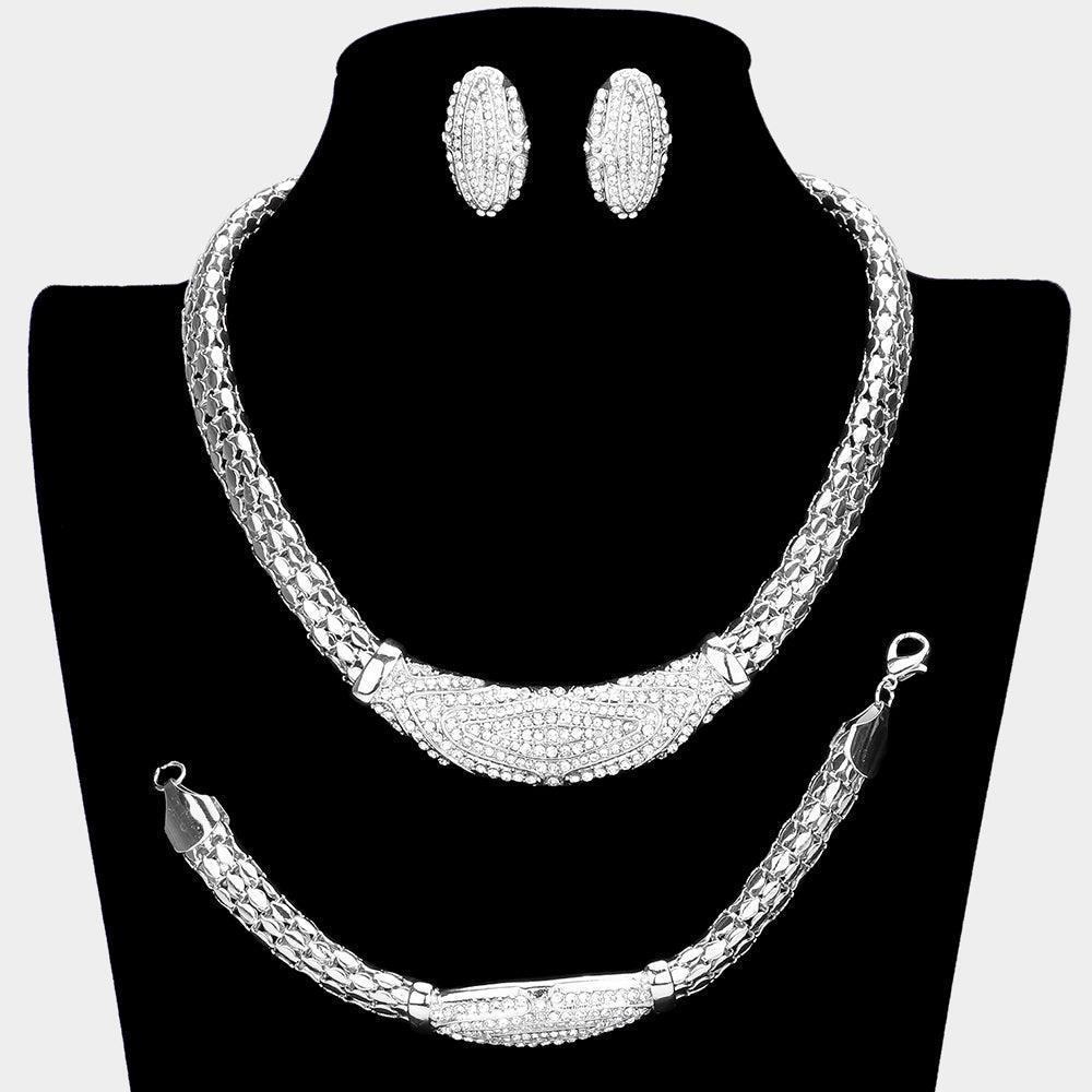 Silver 3 Piece Rhinestone Embellished Necklace Jewelry Set - Jewelry Store by Erik Rayo