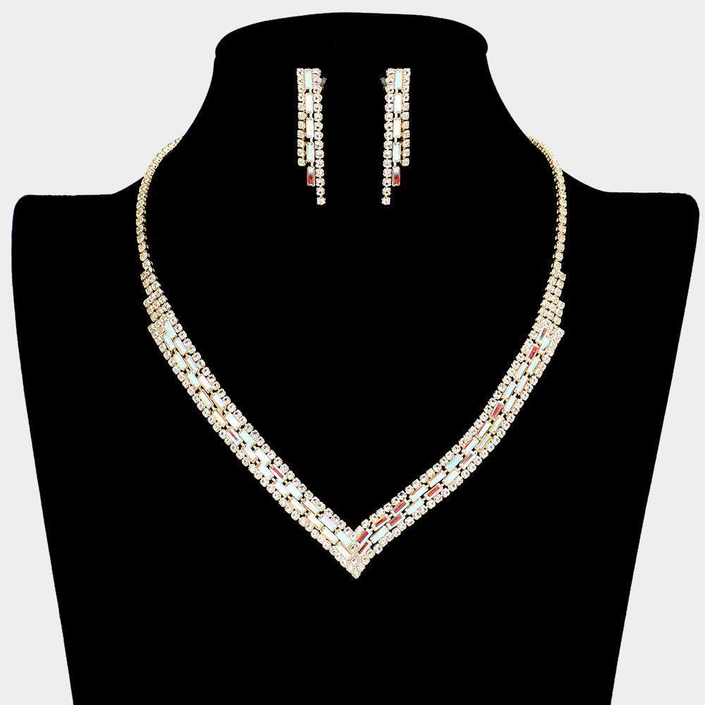 Gold Baguette Stone Pointed Rhinestone V Shaped Necklace - Jewelry Store by Erik Rayo