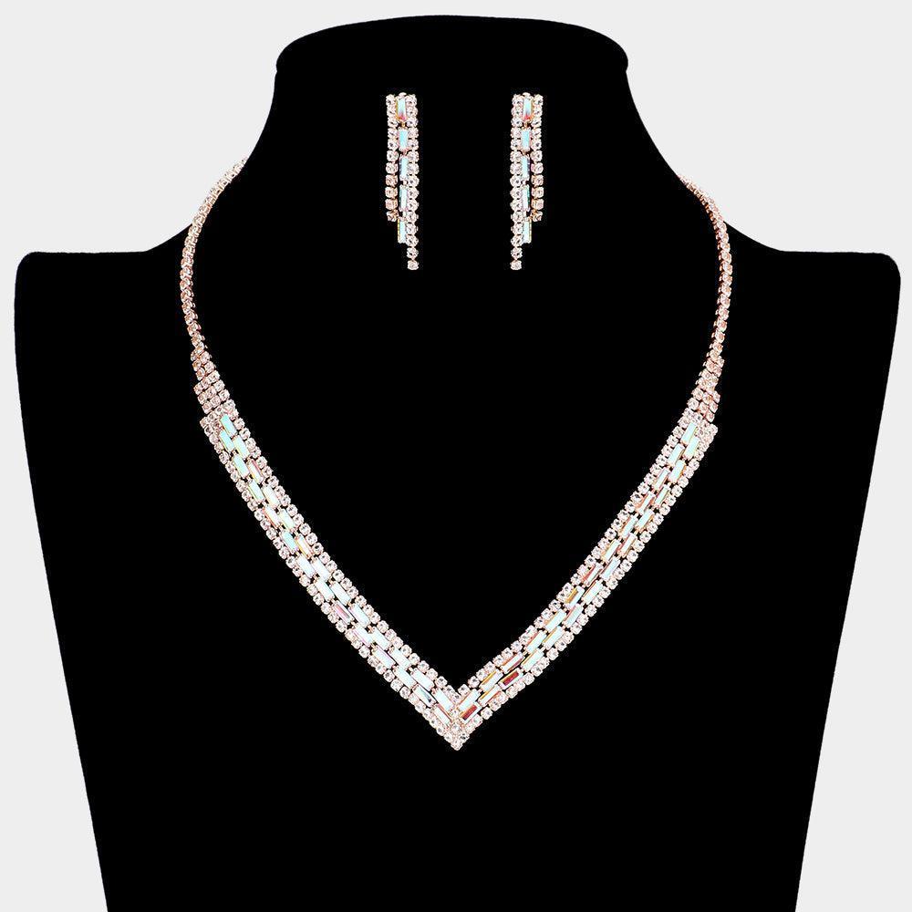 Rose Gold Baguette Stone Pointed Rhinestone V Shaped Necklace - Jewelry Store by Erik Rayo