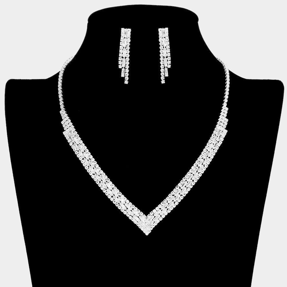 Silver Baguette Stone Pointed Rhinestone V Shaped Necklace - Jewelry Store by Erik Rayo