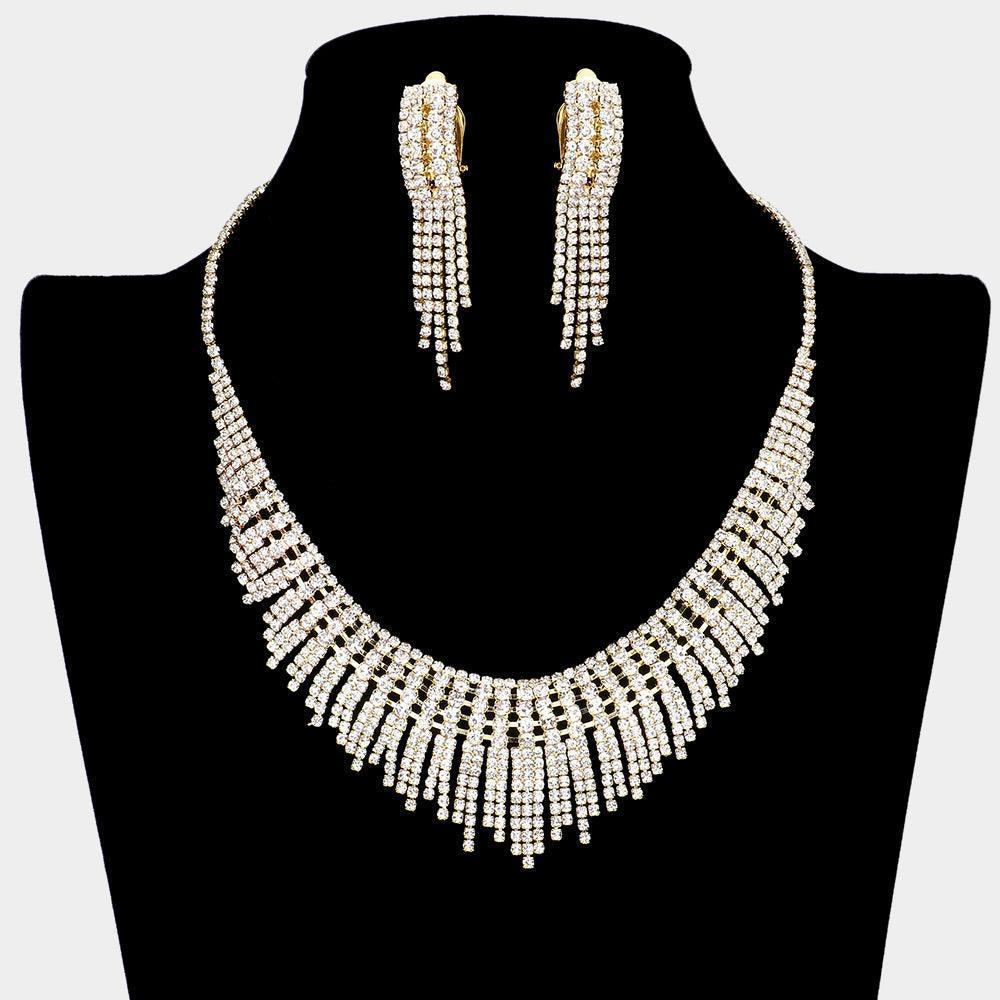 Gold Necklace Clip on Earring Set Rhinestone Paved - Jewelry Store by Erik Rayo