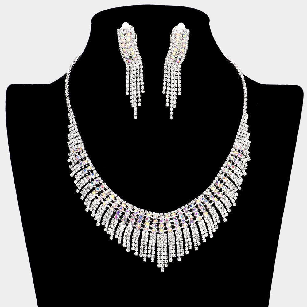 Silver Necklace Clip on Earring Set Rhinestone Paved - Jewelry Store by Erik Rayo
