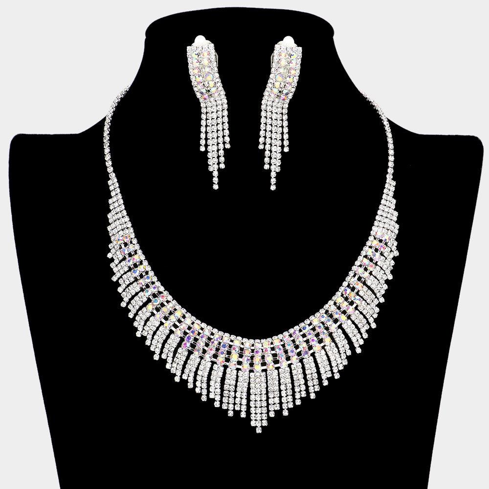 Silver Necklace Clip on Earring Set Rhinestone Paved