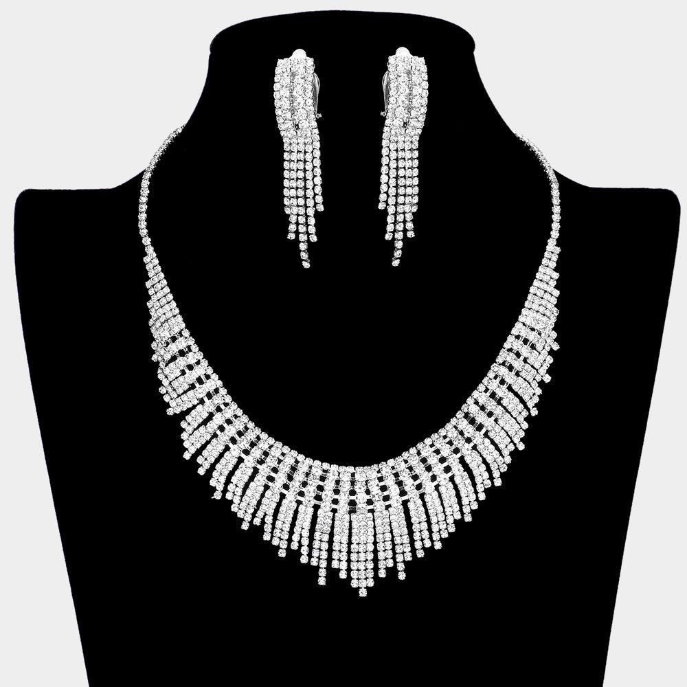 Silver Necklace Clip on Earring Set Rhinestone Paved