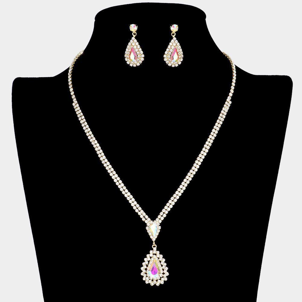 Gold Double Teardrop Accented Rhinestone Necklace - Jewelry Store by Erik Rayo