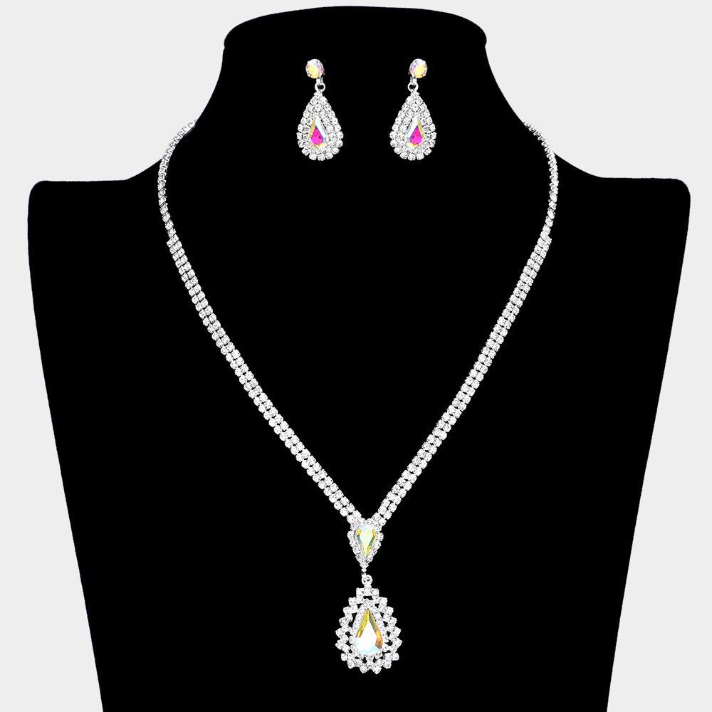 Silver Double Teardrop Accented Rhinestone Necklace