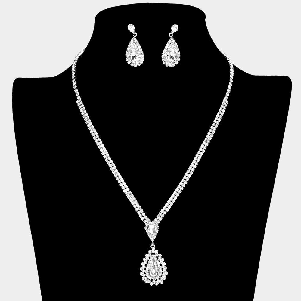 Silver Double Teardrop Accented Rhinestone Necklace