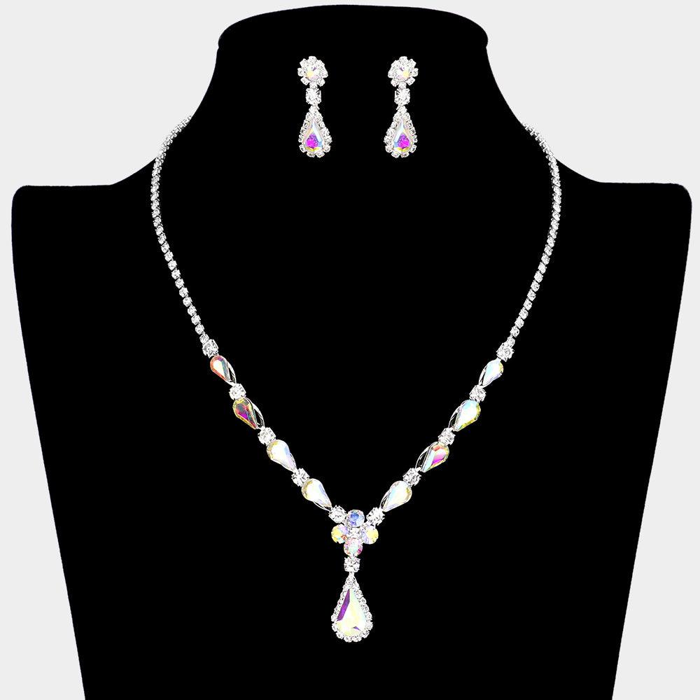 Silver Teardrop Accented Rhinestone Necklace