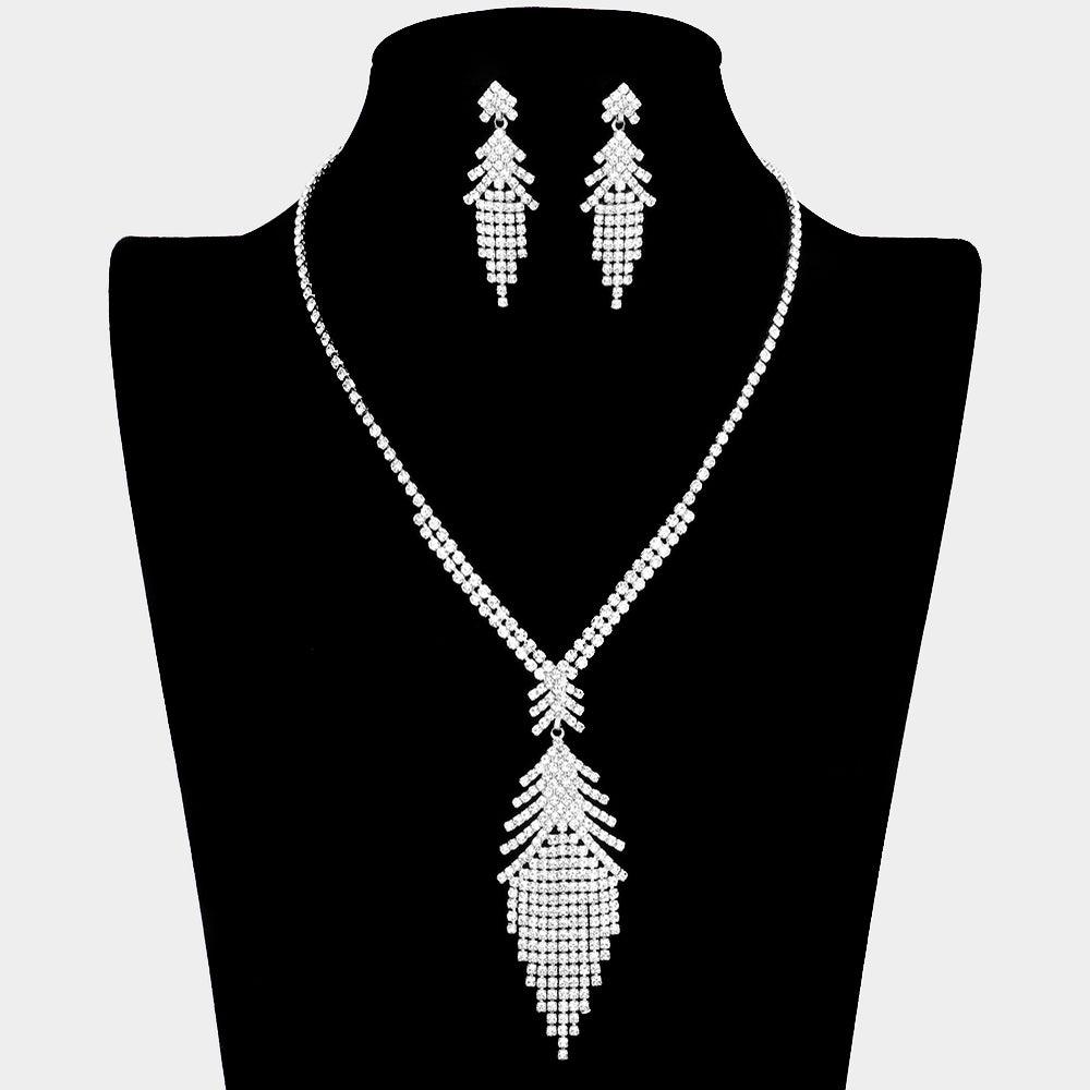 Silver Fringe Necklace Rhinestone Paved