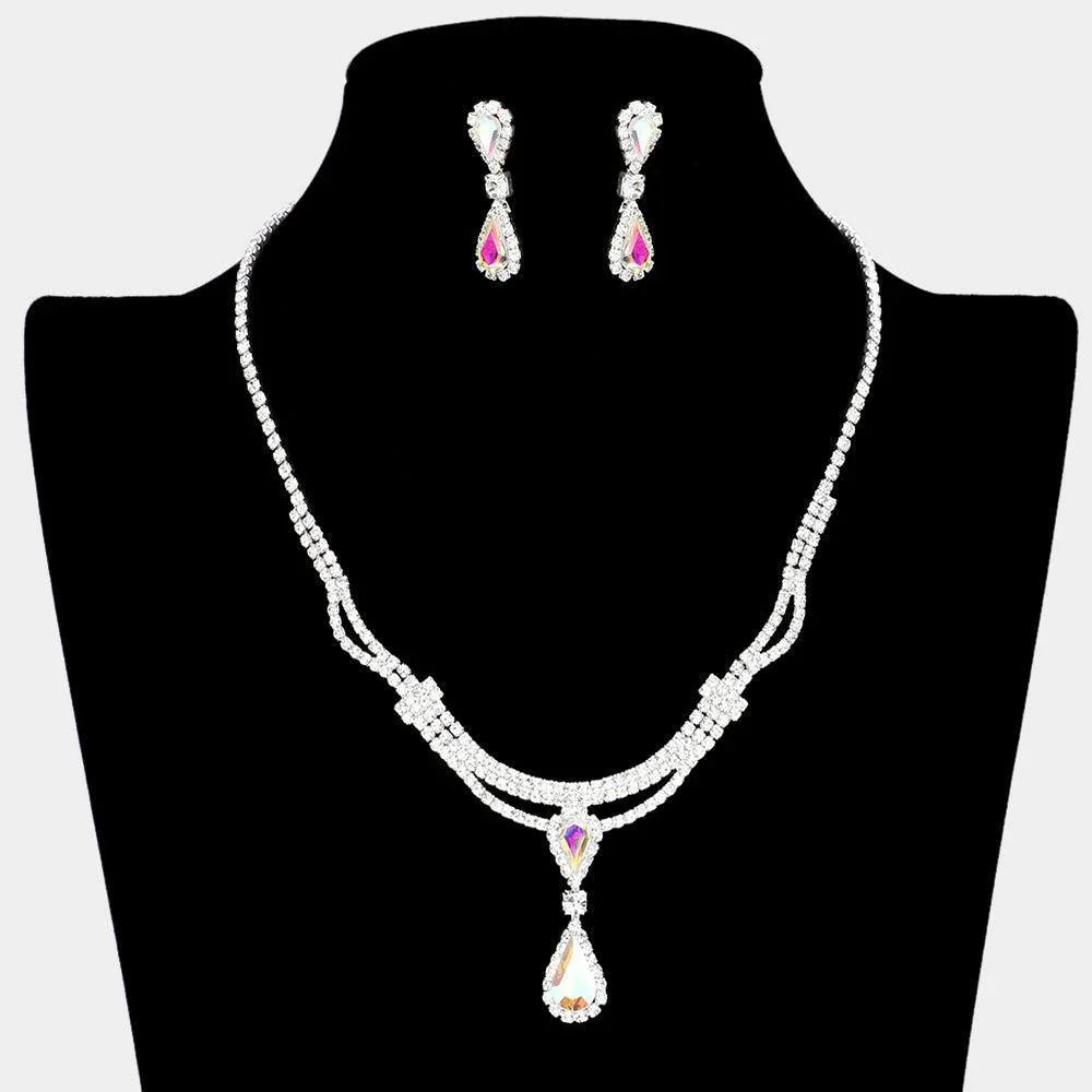 Silver Double Teardrop Accented Rhinestone Necklace - Jewelry Store by Erik Rayo